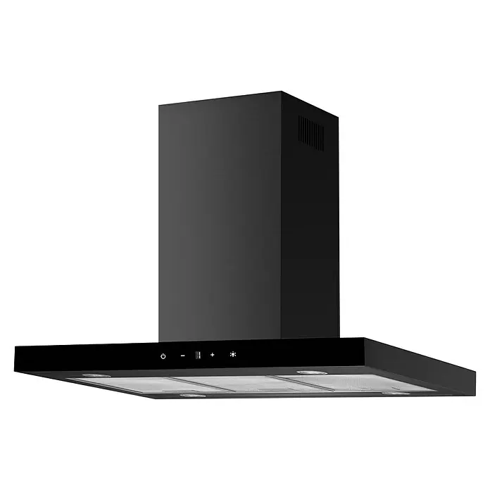 Respekta Inselhaube Cara - Breite: 89,5 cm, Max. Gebläseleistung Abluftbetrieb: 561,7 m³/h, Schwarz - Nahaufnahme einer eleganten, schwarzen Dunstabzugshaube mit Bedienfeld und integrierter Beleuchtung für moderne Küchen.