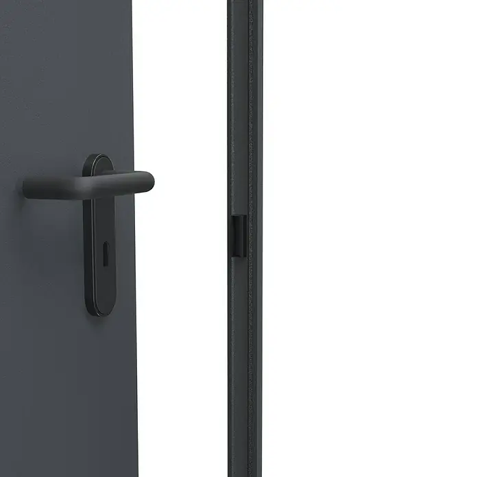 Padilla Brandschutztür Innova T30 Plus - 100 x 200 cm, Rechts, Anthrazitgrau - Nahaufnahme einer modernen, grauen Tür mit einem stilvollen, schwarzen Türgriff und einem eleganten Türrahmen.
