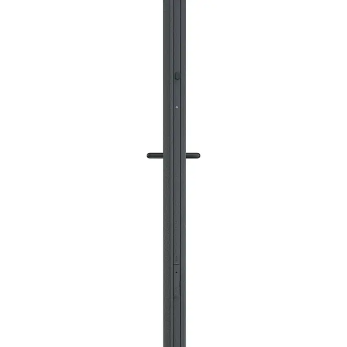 Padilla Brandschutztür Innova T30 Plus - 100 x 200 cm, Rechts, Anthrazitgrau - Nahaufnahme eines schlanken, modernen Produkts mit einer vertikalen Struktur und einem horizontalen Griff vor einem schwarzen Hintergrund.