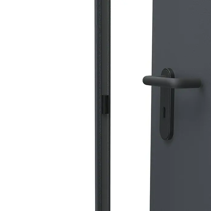 Padilla Brandschutztür Innova T30 Plus - 75 x 200 cm, Links, Anthrazitgrau - Detailaufnahme einer modernen, grauen Tür mit elegantem, schwarzen Türgriff und Schloss, die einen stilvollen und sicheren Eingangsbereich verspricht.