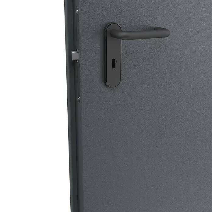 Padilla Brandschutztür Innova T30 Plus - 75 x 200 cm, Links, Anthrazitgrau - Nahaufnahme einer grauen Tür mit einem schwarzen Türgriff, der das moderne Design und die Funktionalität des Produkts hervorhebt.