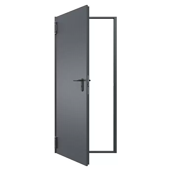 Padilla Brandschutztür Innova T30 Plus - 75 x 200 cm, Links, Anthrazitgrau - Dunkelgraue, texturierte Metalltür, teilweise geöffnet mit sichtbarem Rahmen.