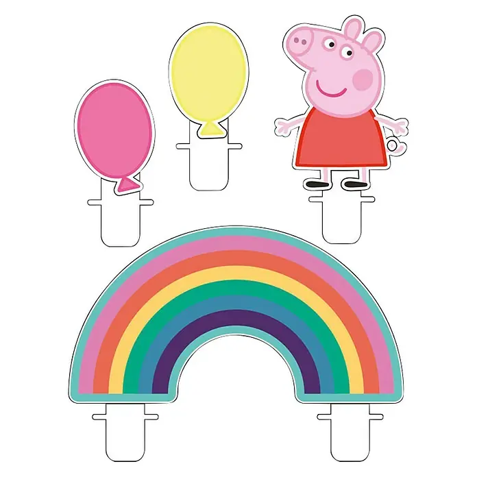 Dekokerze Mini-Figurenkerzen - 4 -tlg., Peppa Pig - Peppa Pig Party Deko-Set mit Peppa, Luftballons und Regenbogen für eine fröhliche Kinderparty.