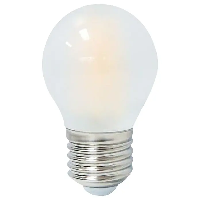 Garza Bombilla LED Vintage - E27, No regulable, Blanco cálido, 470 lm, 4 W - Primer plano de una bombilla LED esmerilada con forma de globo y base de rosca plateada, que irradia una luz cálida y acogedora.