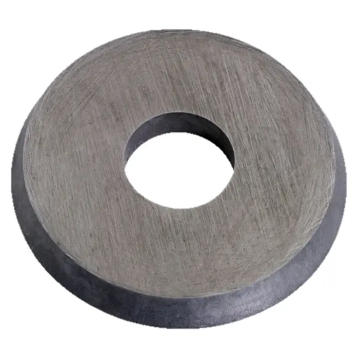 Bahco Ersatzklinge 625-ROUND - Passend für: Bahco Universalschaber 625 - 29234965 - Nahaufnahme einer grauen Metallscheibe mit einem Loch in der Mitte, die eine industrielle oder mechanische Komponente darstellt.