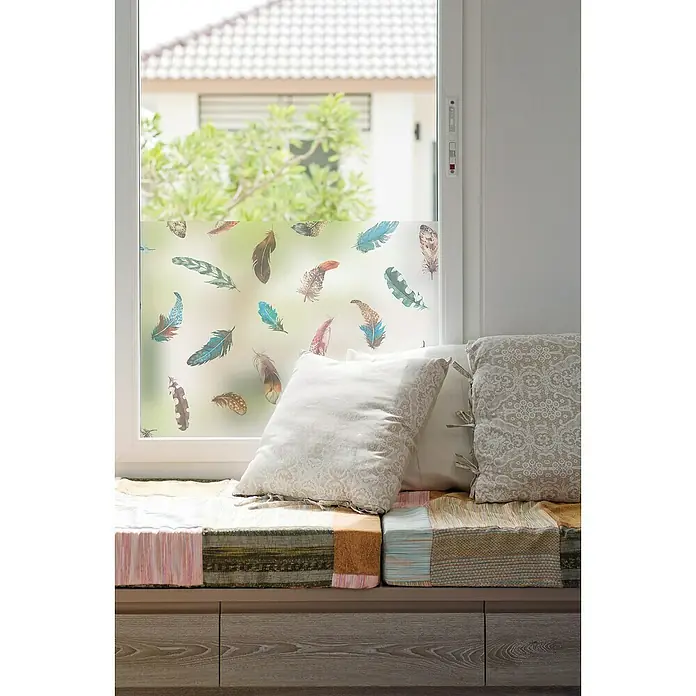 D-c-fix Static Premium Glasfolie Finja - 150 x 45 cm, Transluzent, Statisch haftend - Fensterfolie mit Federnmotiv. Ideal für Privatsphäre und Dekoration, das filigrane Design sorgt für einen stilvollen Look und schützt vor Blicken.
