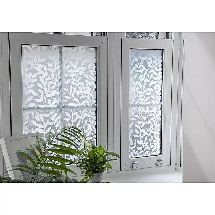 D-c-fix Static Premium Glasfolie Jane - 45 cm x 15 m, Weiß-Transparent - Weiße, blattgemusterte Sichtschutzfolie für Fenster, angebracht an zwei Fenstern, für Privatsphäre und Dekoration.