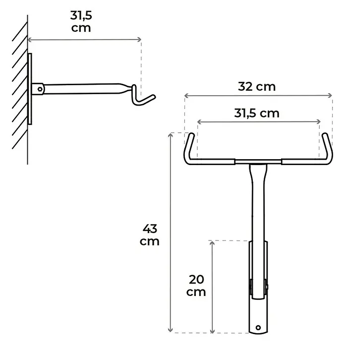Rei Soporte de pared de bicicletas - L x An x Al: 9 x 32 x 45 cm, Acero, Montaje en la pared - Diagrama de una barra de armario con las dimensiones: 31,5 cm de profundidad, 32 cm de ancho y 43 cm de alto.