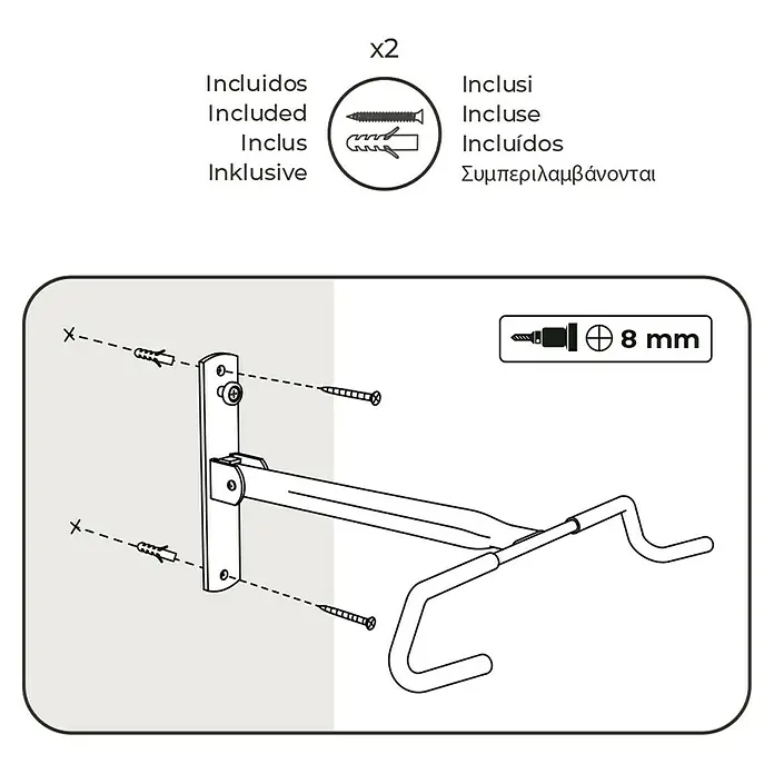 Rei Soporte de pared de bicicletas - L x An x Al: 9 x 32 x 45 cm, Acero, Montaje en la pared - Ilustración de un portabicicletas para montaje en pared, incluyendo tornillos y anclajes, con indicación del diámetro de perforación.