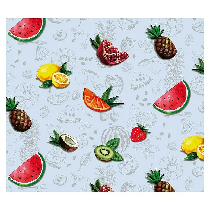 D-c-fix Tischdecke Meterware Paradiso - Breite: 140 cm, Tropicas - Aquarell-Obst-Muster mit verschiedenen bunten Früchten wie Wassermelone, Ananas, Zitrone, Granatapfel und Kiwi auf hellblauem Grund.