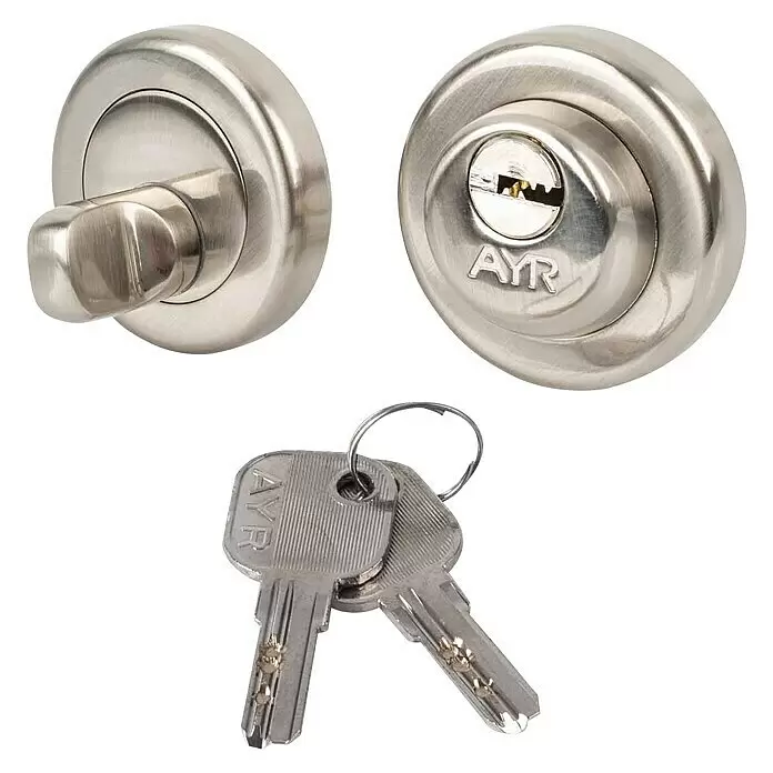 AYR Close Pestillo con bloqueo 103-E CC Níquel - Número de llaves: 2 ud. - Juego de cerradura de puerta de níquel cepillado con pomo interior, cilindro exterior y dos llaves a juego.