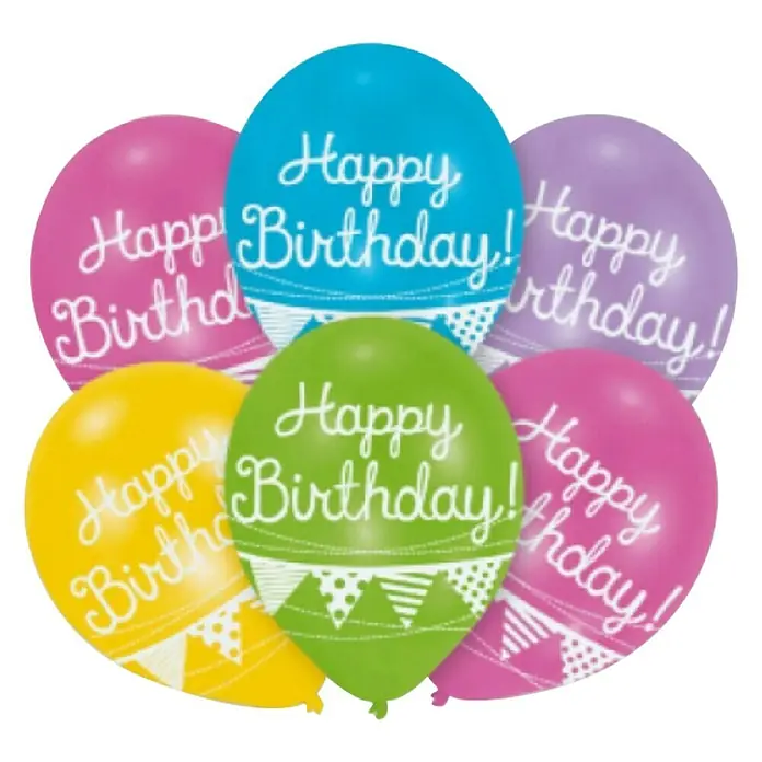 Luftballon - 6 Stk., Bunt, Happy Birthday, Durchmesser: 27,5 cm - Buntes Sortiment an Happy Birthday Ballons. Perfekt für jede Geburtstagsfeier, mit fröhlichen Farben und festlichen Design.