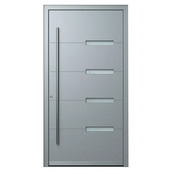 Portofino Haustür 704PF - 110 x 210 cm, DIN Anschlag: Links, Eisenglimmer/Verkehrsweiß matt - Modernes, graues Haustürdesign mit vertikalem Griff und horizontalen Fensterstreifen für zeitgemäße Eleganz.