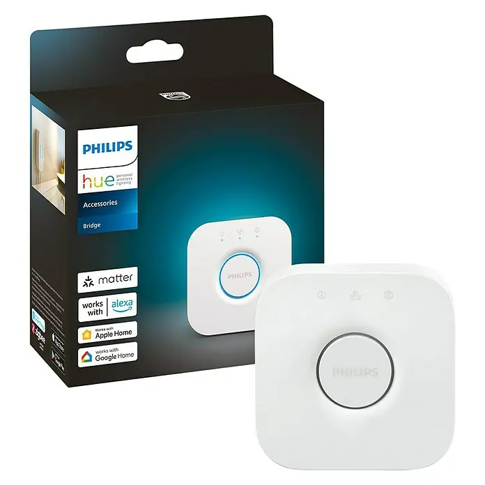 Philips Hue Steuerzentrale Bridge - Passend für: Philips Hue System, L x B x H: 2,6 x 8 x 8 cm - Eine Nahaufnahme der Philips Hue Bridge, ein Gerät zur Steuerung intelligenter Beleuchtungssysteme, zusammen mit seiner Verpackung.