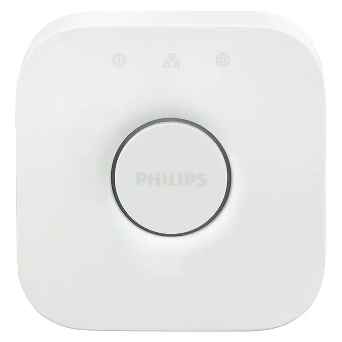 Philips Hue Steuerzentrale Bridge - Passend für: Philips Hue System, L x B x H: 2,6 x 8 x 8 cm - Nahaufnahme eines Philips Hue Bridge Smart Home Hub in weiß, mit dem Philips Logo in der Mitte und abgerundeten Ecken.