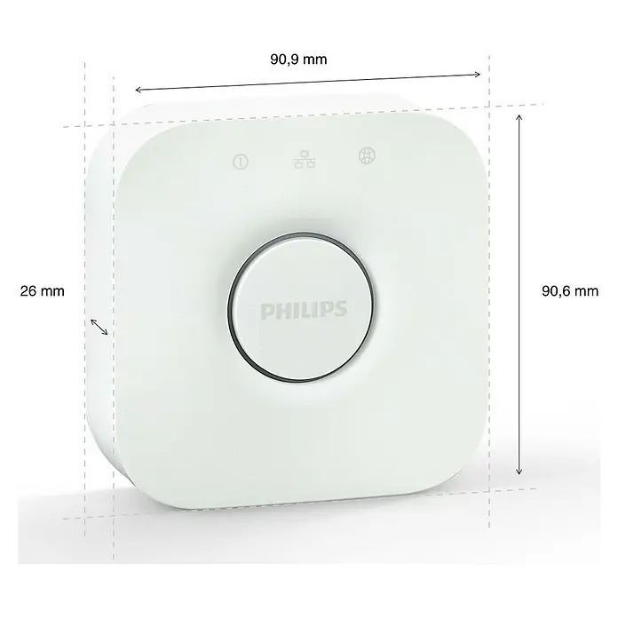 Philips Hue Steuerzentrale Bridge - Passend für: Philips Hue System, L x B x H: 2,6 x 8 x 8 cm - Produktbild eines Philips Hue Bridge Smart Home Hub mit Größenangaben in Millimetern.