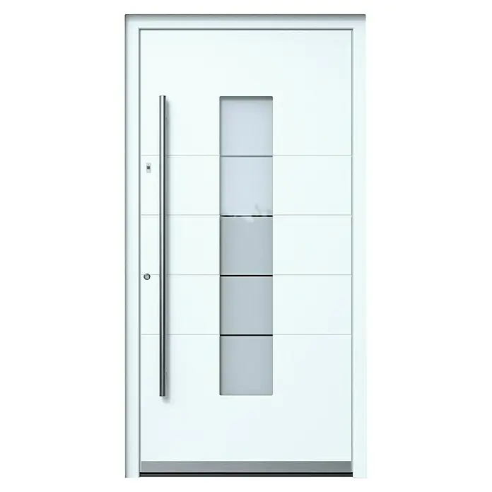 Portofino Haustür 706PF mit Fingerprint - 110 x 210 cm, DIN Anschlag: Links, Verkehrsweiß matt - Elegante weiße Haustür mit senkrechtem Fensterband und langem, silberfarbenem Griff, die ein modernes und einladendes Design bietet.