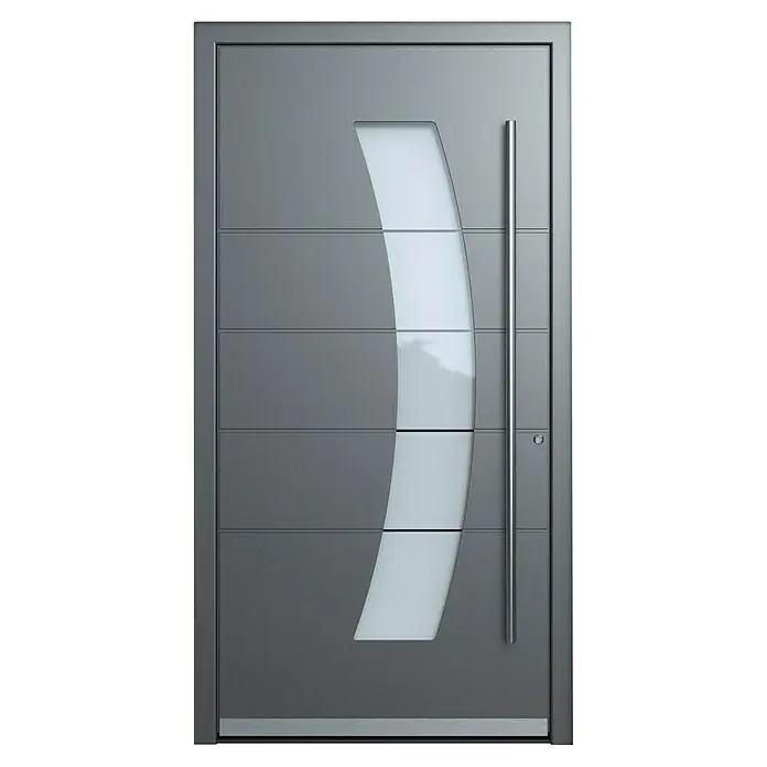 Portofino Haustür 707PF - 110 x 210 cm, DIN Anschlag: Rechts, Anthrazit Metallic/Verkehrsweiß matt - Moderne graue Haustür mit geschwungenem Glaseinsatz und vertikalem Edelstahlgriff für einen eleganten Eingangsbereich.