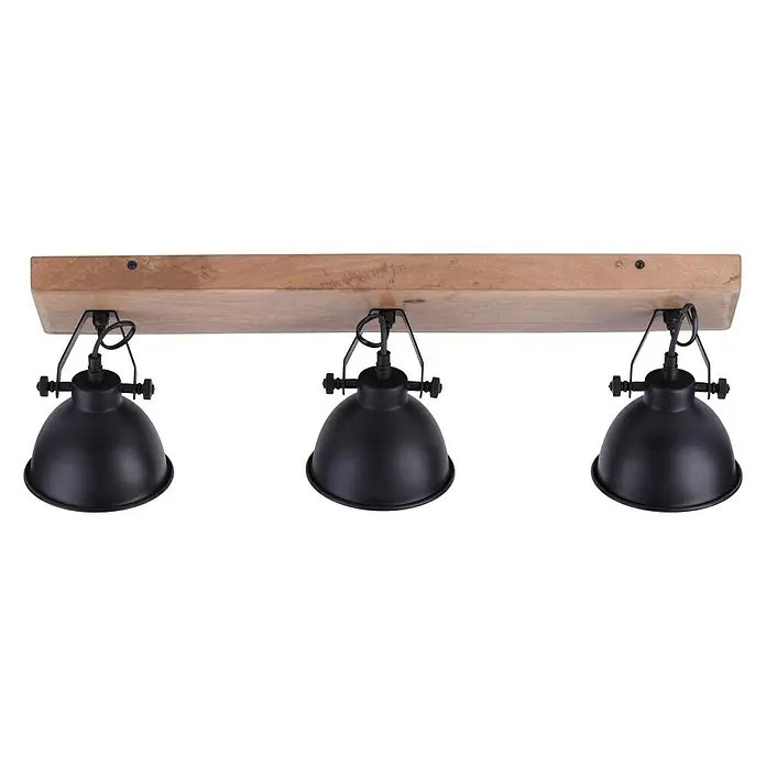 Just Light Samia Deckenstrahler - 120 W, L x B x H: 74 x 15 x 22,5 cm, Schwarz, Braun, E14 - Eine rustikale Deckenleuchte mit drei schwarzen Lampenschirmen an einer hölzernen Basis, die ein warmes und industrielles Flair erzeugt.