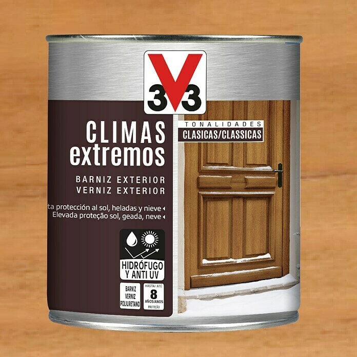 V33 Barniz para madera exterior Climas Extremos (Roble oscuro, Brillante, 750 ml)