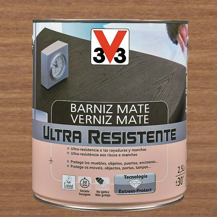 V33 Barniz para madera Mate Ultra Resistente - Nogal, Mate, 750 ml - Bote de barniz mate para madera 3V3, ultra resistente a arañazos y manchas, ideal para proteger muebles y elementos de madera.