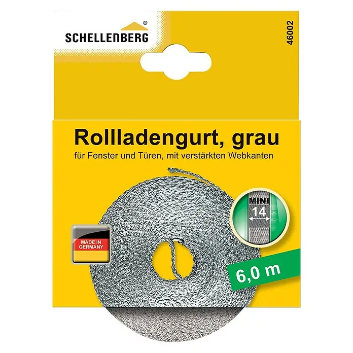 Schellenberg Cinta para persiana Mini - Gris, Largo: 6 m, Anchura de la correa: 14 mm, Polipropileno - Paquete de correa de persiana enrollable gris Schellenberg, adecuada para ventanas y puertas con bordes reforzados y una longitud de 6,0 m.
