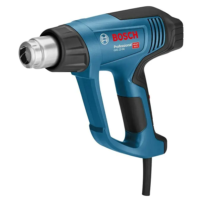 Bosch Professional Heißluftgebläse GHG 23-66 - 2.300 W, 50 °C - 650 °C - Abbildung einer blauen Bosch GHJ 23-66 Heißluftpistole mit schwarzem Griff und Düse, die sich ideal für anspruchsvolle Profi-Anwendungen eignet.