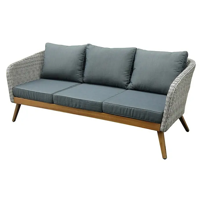 Sunfun Ersatzkissen - 10 Stk., Passend für: Sunfun Loungemöbel-Set Sina - Hier ist ein stilvolles Outdoor-Sofa mit Rattan-Details, Holzrahmen und bequemen grauen Kissen für entspannte Stunden im Freien.