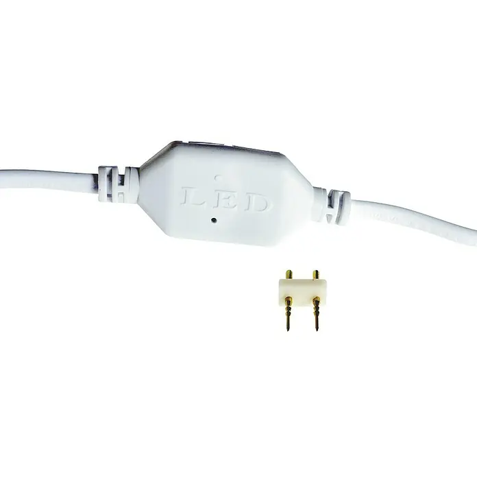 Alverlamp Cable de corriente para tiras LED - Blanco - Conector y cable para tira de LED. El conector es blanco y está etiquetado con "LED". El cable también es blanco.