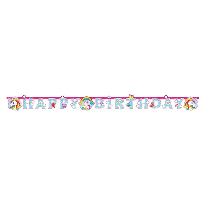 Girlande Partykette - 180 cm, Bunt, Einhorn, Papier - Ein farbenfrohes "Happy Birthday"-Banner mit Einhorn- und Regenbogenmotiven, ideal für jede Geburtstagsfeier.