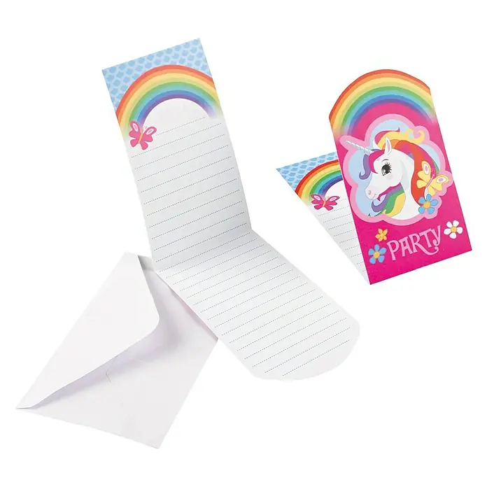 Einladungskarte - 8 x 13,9 cm, Einhorn, 8 Stk. - Eine Nahaufnahme von Einhorn-Party-Einladungen, mit einem Einhorn-Motiv und einem Regenbogen-Design, perfekt für Kindergeburtstage.