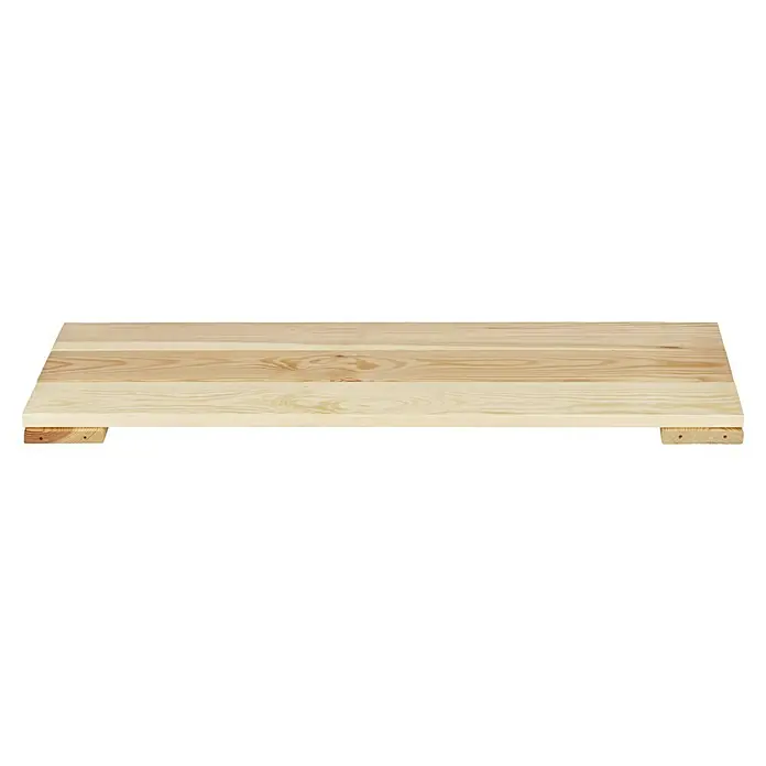 Regalux Regalsystem Heavy Regalboden - L x B: 80 x 28,2 cm, Holz - Ein rechteckiges Holzbrett mit hellem Farbton, das auf zwei kleinen Holzstützen ruht und die natürliche Maserung zeigt.