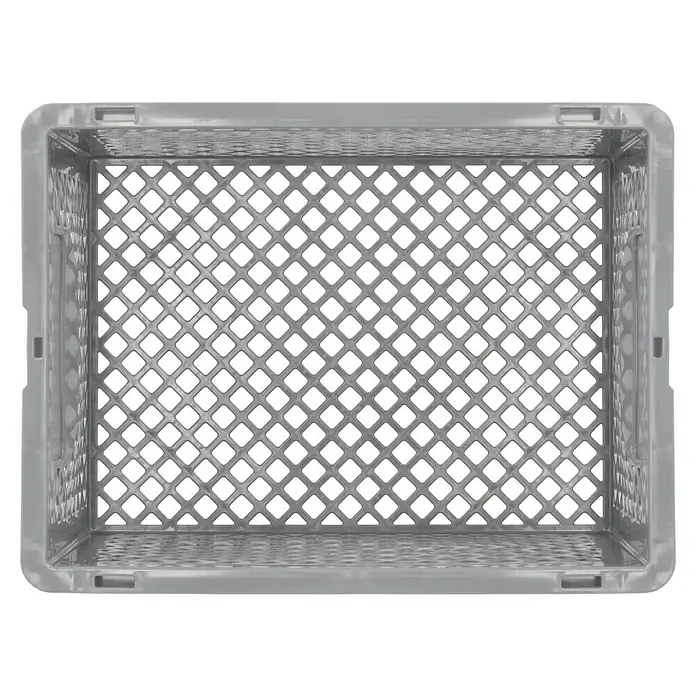 BAUHAUS Eurobehälter20 l, L x B x H: 40 x 30 x 22 cm, Form: Offen, Stapelbar - Eine graue Kunststoffbox mit durchbrochenem Muster, ideal für Lagerung und Transport, die Robustheit mit leichter Bauweise vereint.