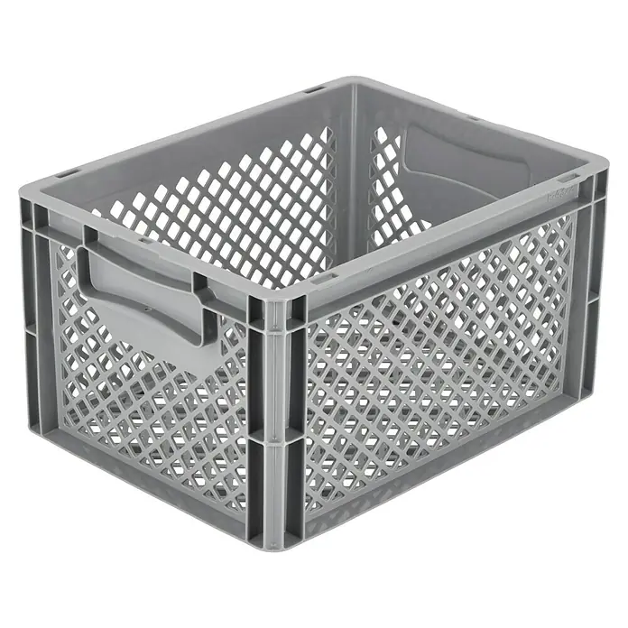 BAUHAUS Eurobehälter20 l, L x B x H: 40 x 30 x 22 cm, Form: Offen, Stapelbar - Graue Kunststoffbox mit Löchern an den Seiten und Griffen. Sie ist robust und eignet sich ideal zur Lagerung und zum Transport verschiedener Gegenstände.