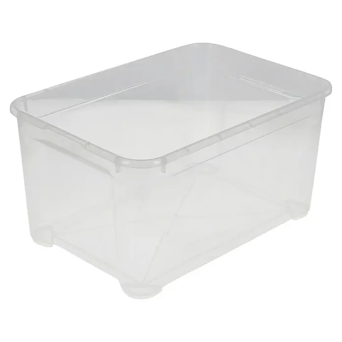 Regalux Aufbewahrungsbox Clear-Box - L x B x H: 54,8 x 38,4 x 28,3 cm, 47 l, Transparent - Klarer Kunststoffbehälter, ideal zur Aufbewahrung verschiedener Gegenstände, präsentiert auf einem dunklen Hintergrund.