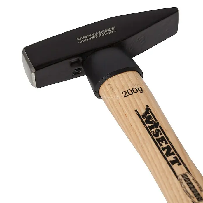 Wisent Schlosserhammer - 200 g, Holz Hickory - Nahaufnahme eines WISENT Schlosserhammers mit schwarzem Kopf und hellem Holzgriff, der 200g wiegt.