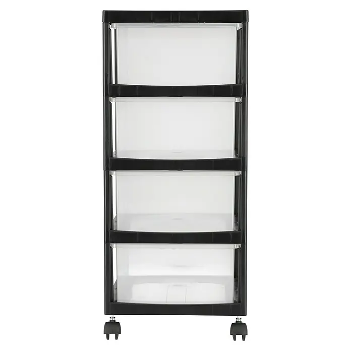 Rollcontainer - L x B x H: 40 x 29 x 66,5 cm, Anzahl Schubladen: 4 Stk., Kunststoff - Ein schwarzer Rollwagen mit vier transparenten Schubladen bietet viel Stauraum und ist flexibel einsetzbar.