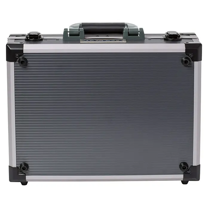 Wisent Werkzeugkoffer Basic - L x B x H: 365 x 265 x 170 mm, 91 -tlg. - Detailaufnahme eines stabilen, grauen Werkzeugkoffers mit silbernen Akzenten, ideal für den sicheren Transport von Werkzeugen und Ausrüstung.