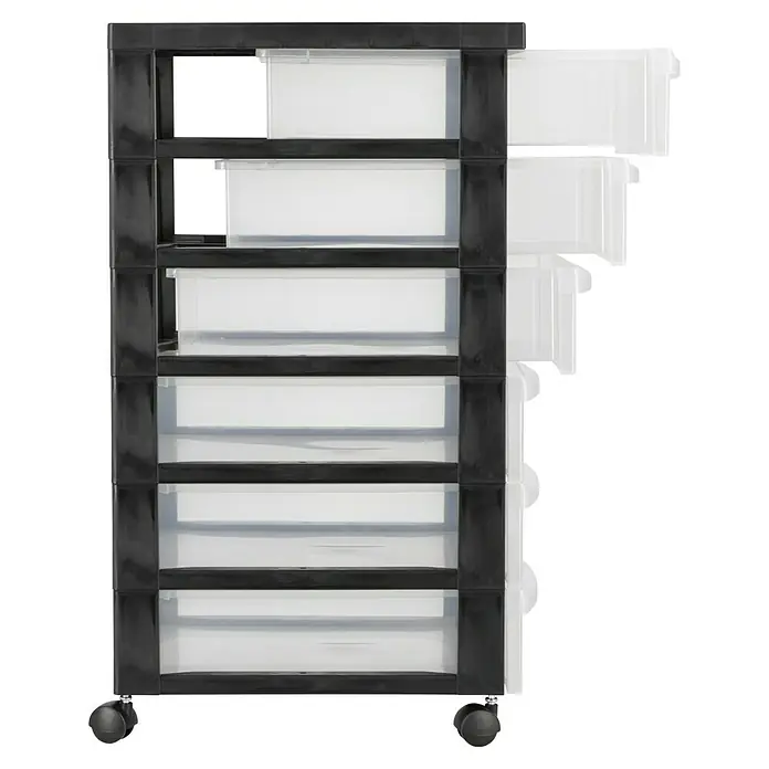 Rollcontainer - L x B x H: 40 x 29 x 61,5 cm, Anzahl Schubladen: 6 Stk., Kunststoff - Ein rollbarer Schubladenwagen mit sieben durchsichtigen Schubladen und einem schwarzen Rahmen bietet viel Stauraum.
