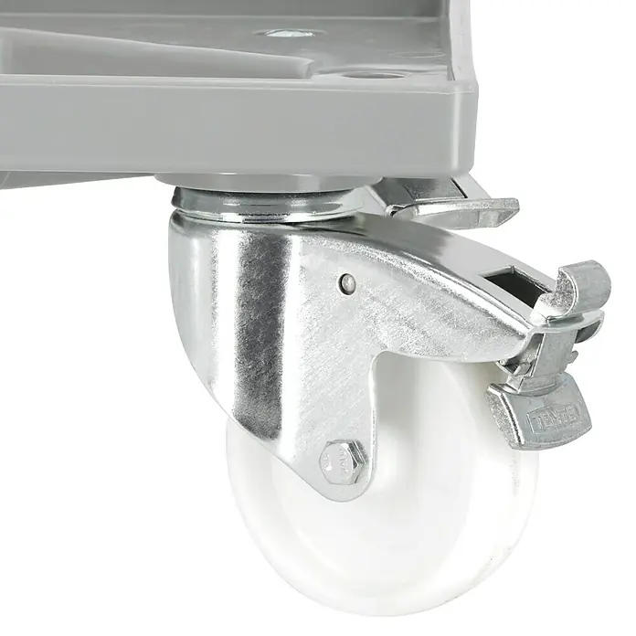 BAUHAUS Transportroller für Euroboxen - L x B x H: 62 cm x 42 cm x 16 mm, Traglast: 250 kg, Kunststoff - Nahaufnahme eines Lenkrolle mit Feststeller, ideal für Transportwagen und Möbel, bietet flexible Mobilität und sicheren Stand.