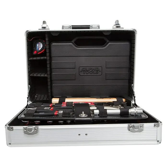 Alpha Tools Werkzeugkoffer Big Box - L x B x H: 450 x 305 x 167 mm, 119 -tlg. - Ein offener Alpha Tools Werkzeugkoffer aus Aluminium, gefüllt mit Werkzeugen. Für Handwerker und Heimwerker, die Qualität schätzen.