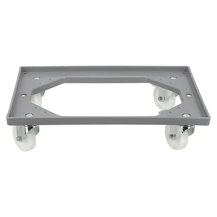 BAUHAUS Transportroller für Euroboxen - L x B x H: 62 cm x 42 cm x 16 mm, Traglast: 250 kg, Kunststoff - Aufnahme einer grauen Möbelrollplatte mit robusten Rollen, die eine hohe Tragfähigkeit bietet und sich ideal für den Transport schwerer Gegenstände eignet.