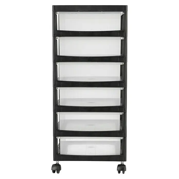 Rollcontainer - L x B x H: 40 x 29 x 61,5 cm, Anzahl Schubladen: 6 Stk., Kunststoff - Ein rollbarer Aufbewahrungsturm mit sechs transparenten Schubladen und einem stabilen schwarzen Rahmen, ideal für die Organisation verschiedener Gegenstände.