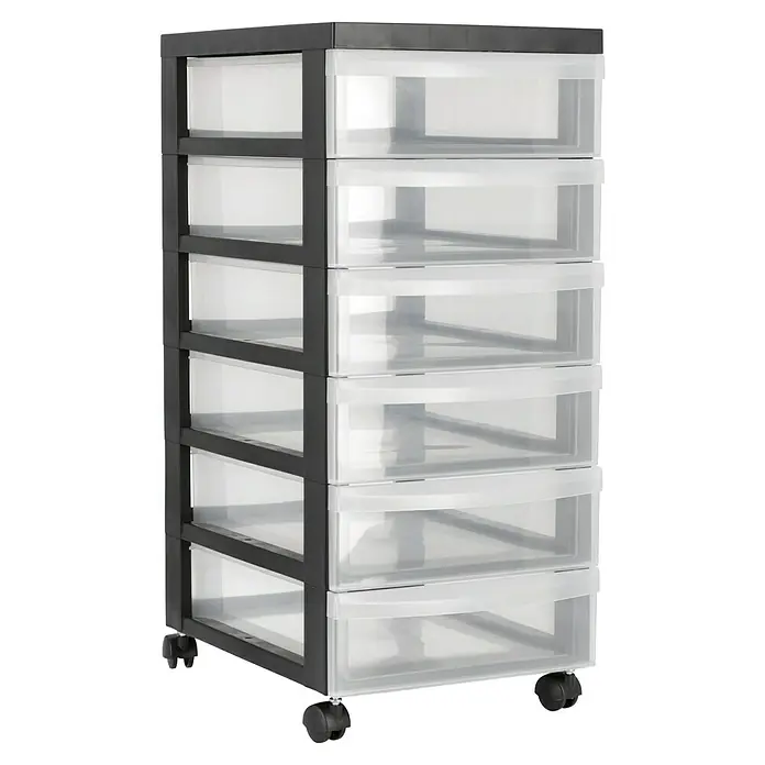Rollcontainer - L x B x H: 40 x 29 x 61,5 cm, Anzahl Schubladen: 6 Stk., Kunststoff - Bild eines Schubladen-Turms mit sechs transparenten Schubladen und schwarzem Rahmen, ideal zur Aufbewahrung.