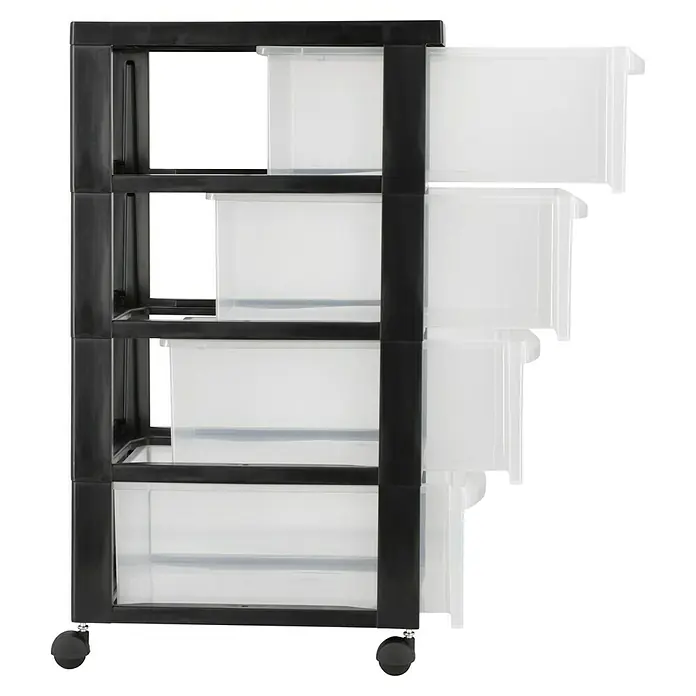 Rollcontainer - L x B x H: 40 x 29 x 66,5 cm, Anzahl Schubladen: 4 Stk., Kunststoff - Schwarzer Rollwagen mit vier transparenten Schubladen, ideal zur Aufbewahrung verschiedener Gegenstände.