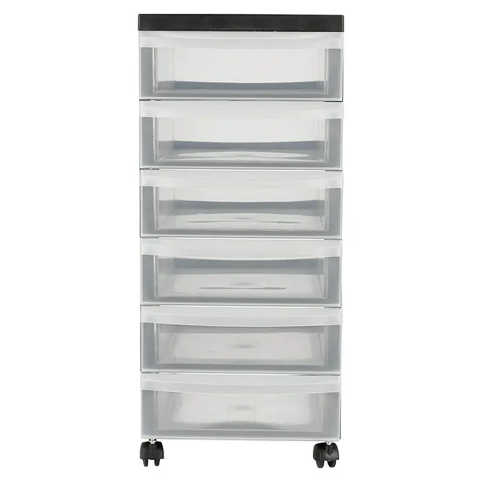 Rollcontainer - L x B x H: 40 x 29 x 61,5 cm, Anzahl Schubladen: 6 Stk., Kunststoff - Transparente Schubladenkommode mit sechs Fächern und Rollen für einfache Mobilität, ideal zur Aufbewahrung verschiedener Gegenstände.