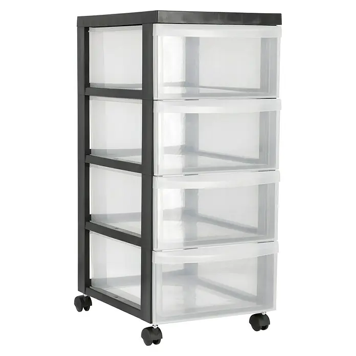 Rollcontainer - L x B x H: 40 x 29 x 66,5 cm, Anzahl Schubladen: 4 Stk., Kunststoff - Ein Organizer mit vier durchsichtigen Schubladen und schwarzem Rahmen. Der rollbare Schubladenturm ist ideal für die Aufbewahrung.