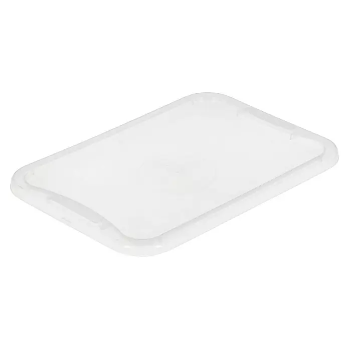 Regalux Clear Box-Deckel - L x B: 37,6 x 26 cm, Passend für: Regalux Clear Box XS/S - Nahaufnahme eines transparenten rechteckigen Deckels, der für Behälter oder Aufbewahrungsboxen verwendet wird, mit abgerundeten Ecken.