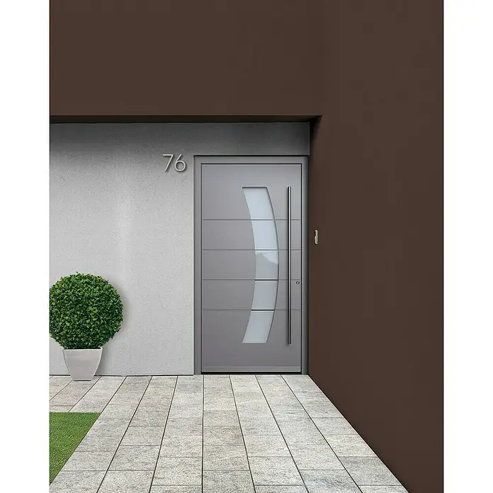 Portofino Haustür 707PF - 110 x 210 cm, DIN Anschlag: Rechts, Eisenglimmer/Verkehrsweiß matt - Moderne Haustür in Grau mit Glaseinsatz und langem Griff, Hausnummer 76 an der Fassade. Die Tür präsentiert sich stilvoll und einladend.