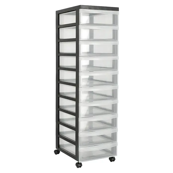 Rollcontainer - L x B x H: 40 x 29 x 106,5 cm, Anzahl Schubladen: 10 Stk., Kunststoff - Bild eines hohen, schmalen Rollcontainers mit 10 transparenten Schubladen und einem schwarzen Rahmen.